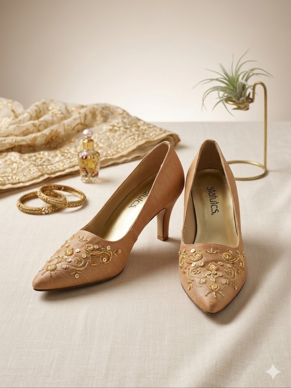 Vintage Staccato Gold-Embellished Tan Pointed-Toe Heels Woman's Size 9W